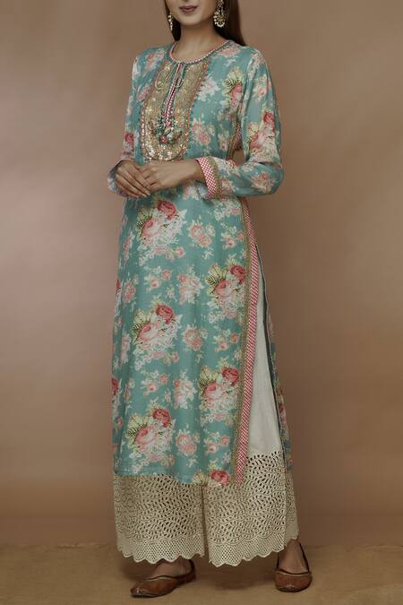 Gopi Vaid Green Linen Georgette Round Floral Print Kurta 