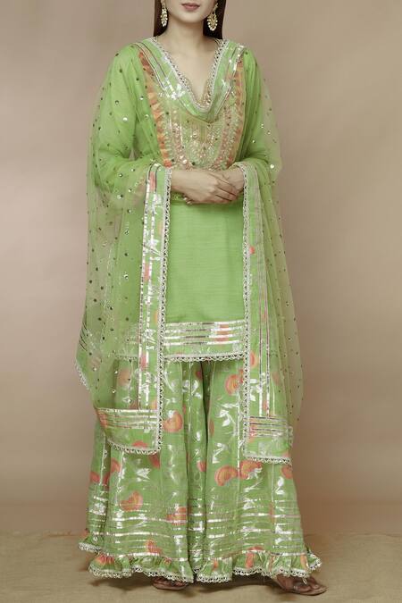 Gopi Vaid Green Tussar Georgette Embellished Kurta Sharara Set