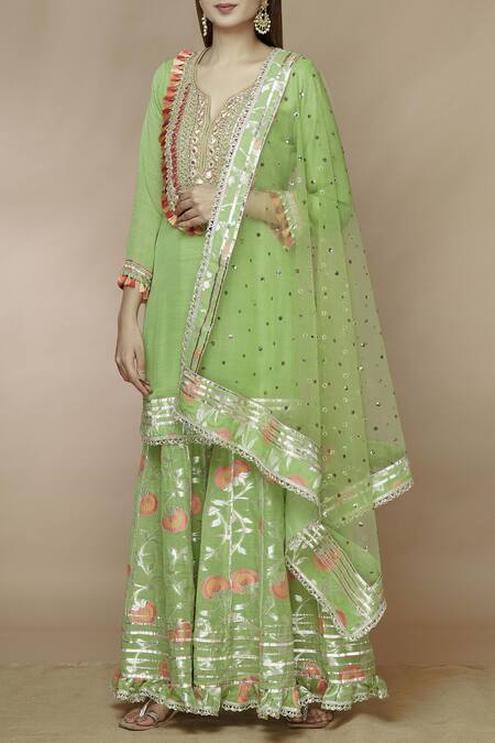 Gopi Vaid_Green Tussar Georgette Embellished Kurta Sharara Set_Online_at_Aza_Fashions