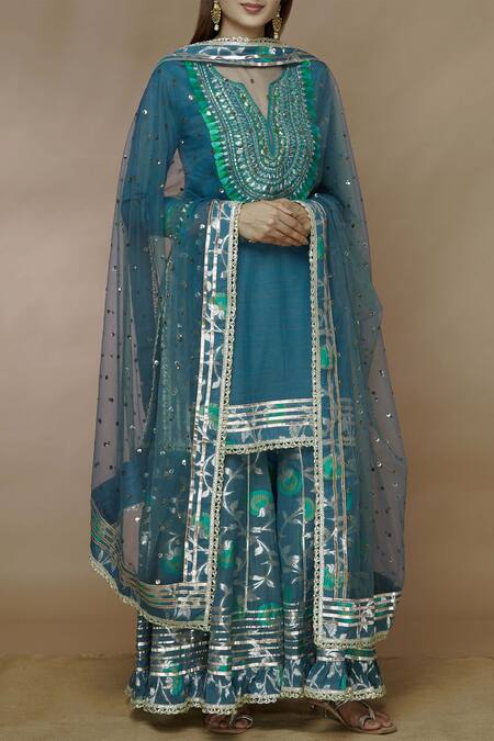 Gopi Vaid Blue Tussar Georgette Embellished Kurta Sharara Set