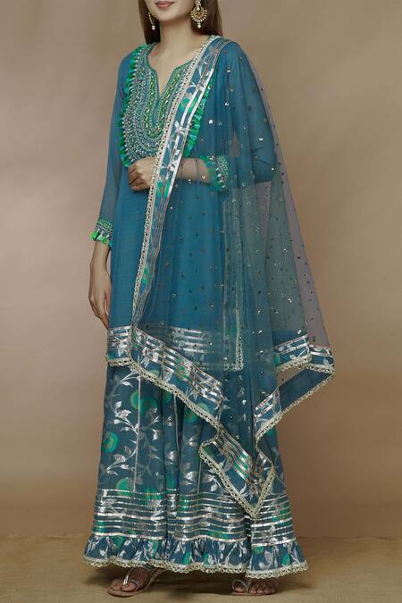 Gopi Vaid Blue Tussar Georgette Embellished Kurta Sharara Set Online at Aza Fashions Gopi Vaid_Blue Tussar Georgette Embellished Kurta Sharara Set_Online_at_Aza_Fashions