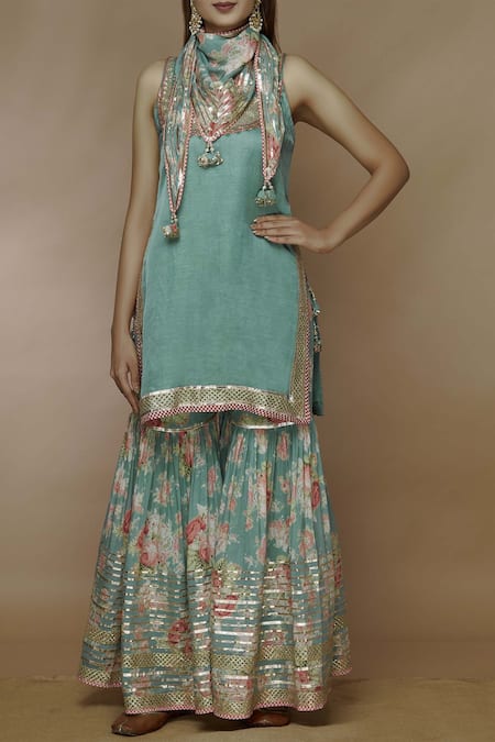 Gopi Vaid Green Embroidered Kurta Sharara Set 