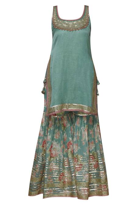 Buy_Gopi Vaid_Green Embroidered Kurta Sharara Set _Online_at_Aza_Fashions