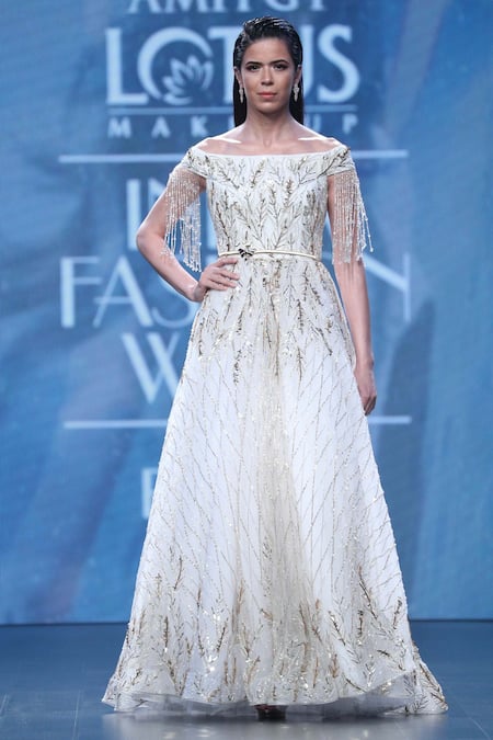 Amit GT White Tulle Bardot Embellished Gown  
