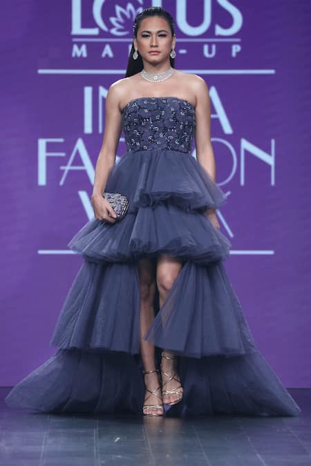 Amit GT Blue Tulle Layered Tube Gown  
