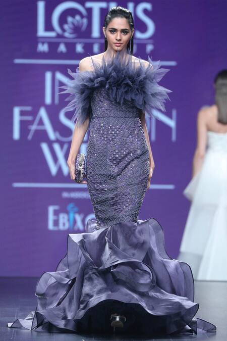 Amit GT Purple Tulle Embellished Ruffle Gown Online at Aza Fashions Amit GT_Purple Tulle Embellished Ruffle Gown _Online_at_Aza_Fashions