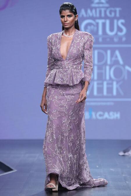 Shop Amit GT Purple Tulle Plunge Neck Embroidered Peplum Gown at Aza Fashions Shop_Amit GT_Purple Tulle Plunge Neck Embroidered Peplum Gown _at_Aza_Fashions