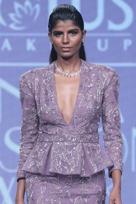 Amit GT Purple Tulle Plunge Neck Embroidered Peplum Gown Online at Aza Fashions Amit GT_Purple Tulle Plunge Neck Embroidered Peplum Gown _Online_at_Aza_Fashions