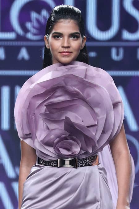 Shop Amit GT Purple Satin Draped High Slit Gown at Aza Fashions Shop_Amit GT_Purple Satin Draped High Slit Gown _at_Aza_Fashions