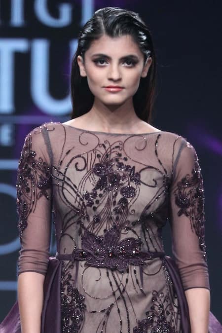 Shop Amit GT Wine Tulle Bateau Embellished Trail Gown at Aza Fashions Shop_Amit GT_Wine Tulle Bateau Embellished Trail Gown _at_Aza_Fashions