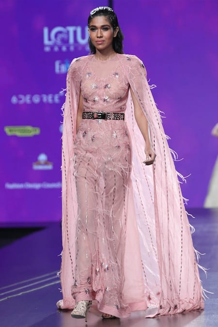 Shop Amit GT Pink Tulle Round Embroidered Cape Gown at Aza Fashions Shop_Amit GT_Pink Tulle Round Embroidered Cape Gown _at_Aza_Fashions