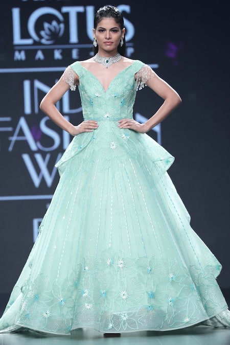 Amit GT Green Tulle Plunge Neck Embellished Gown  