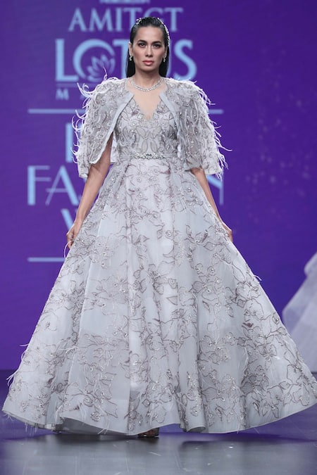 Amit GT Purple Tulle Gown V Neck Jacket Round Embellished With  