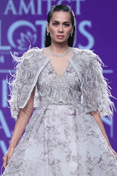 Shop Amit GT Purple Tulle Gown V Neck Jacket Round Embellished With at Aza Fashions Shop_Amit GT_Purple Tulle Gown V Neck Jacket Round Embellished With _at_Aza_Fashions