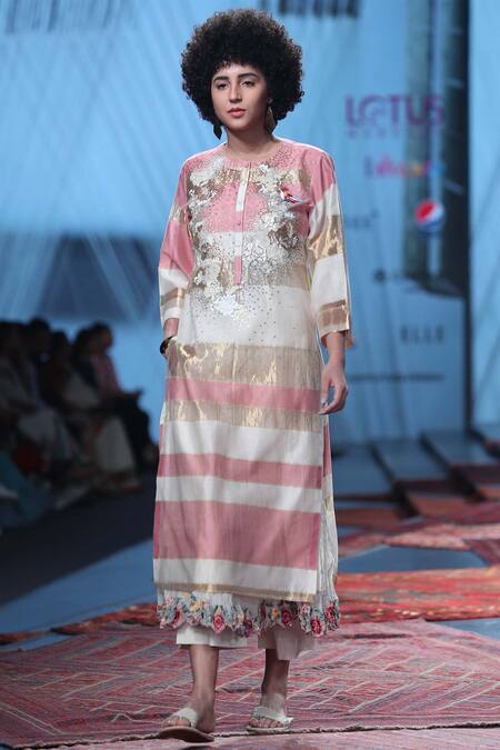 Prama By Pratima Pandey_Gold Silk Round Embroidered Dress  _Online_at_Aza_Fashions