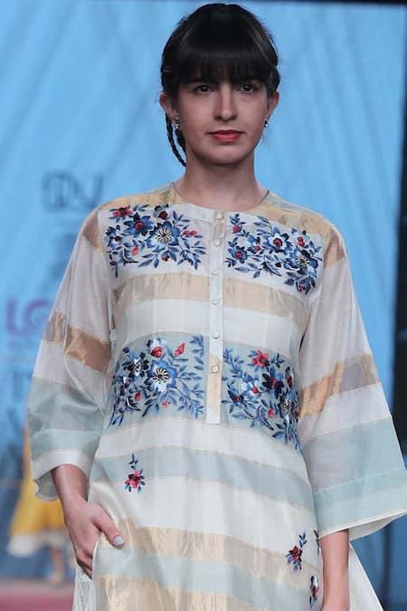 Prama By Pratima Pandey_Blue Chanderi Round Dress  _Online_at_Aza_Fashions