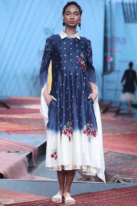 PRAMA BY PRATIMA PANDEY Blue Chanderi Shirt Collar Dress  