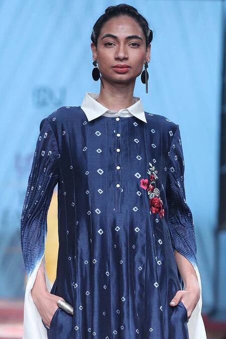 Prama By Pratima Pandey_Blue Chanderi Shirt Collar Dress  _Online_at_Aza_Fashions