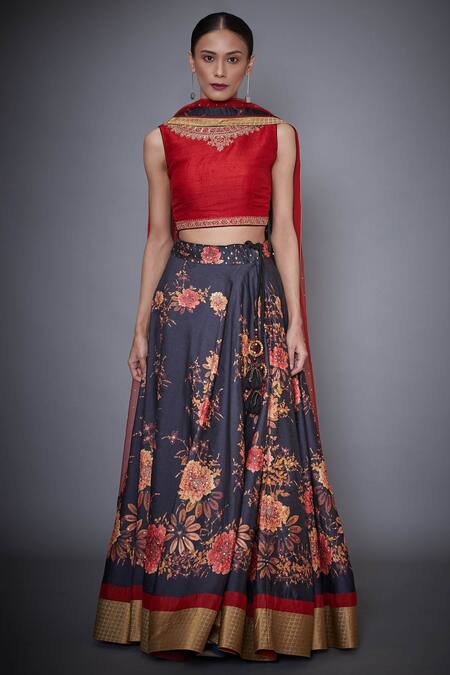 Buy_RI.Ritu Kumar_Black Poly Dupion Round Printed Lehenga Set_Online_at_Aza_Fashions