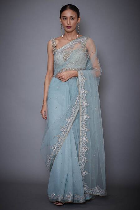 Buy RI.Ritu Kumar Blue Mono Net Sweetheart Neck Embroidered Saree With Blouse Online at Aza Fashions Buy_RI.Ritu Kumar_Blue Mono Net Sweetheart Neck Embroidered Saree With Blouse_Online_at_Aza_Fashions