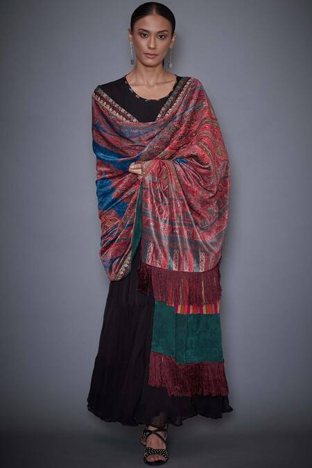 RI.Ritu Kumar_Blue Velvet Shawl_Online_at_Aza_Fashions