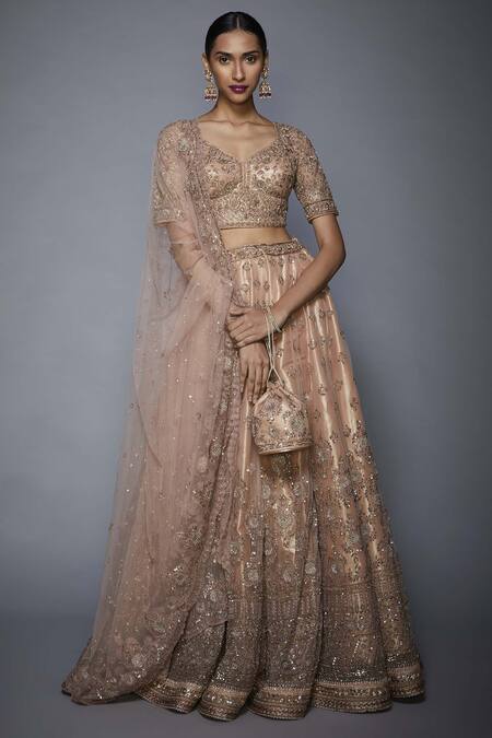Buy_RI.Ritu Kumar_Pink Net V-shaped Neckline Embroidered Bridal Lehenga Set _Online_at_Aza_Fashions