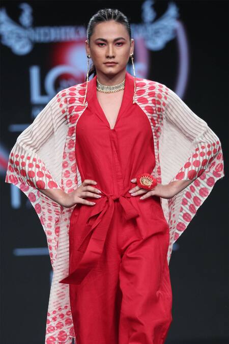 Shop_NIDHIKA SHEKHAR_Red Cotton Linen Notched Lapel Jumpsuit _at_Aza_Fashions