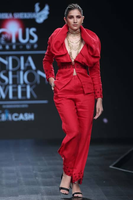 NIDHIKA SHEKHAR Red Linen Pant Suit 