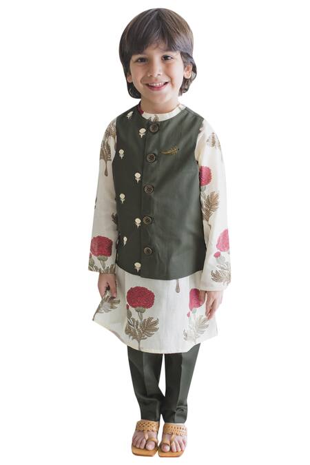 Tiber Taber Off White 100% Cotton Kurta Bundi Set