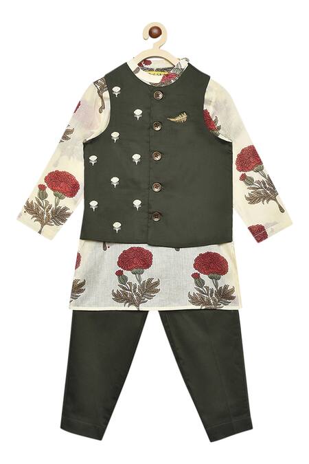 Tiber Taber_Off White 100% Cotton Kurta Bundi Set _Online_at_Aza_Fashions