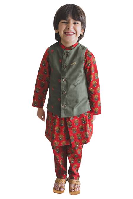 Tiber Taber Maroon 100% Cotton Kurta Bundi Set