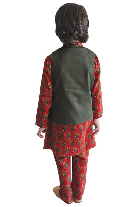 Shop Tiber Taber Maroon 100% Cotton Kurta Bundi Set at Aza Fashions Shop_Tiber Taber_Maroon 100% Cotton Kurta Bundi Set _at_Aza_Fashions