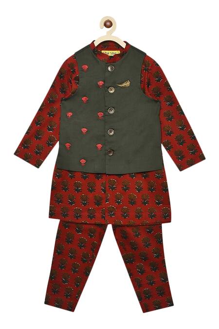 Buy_Tiber Taber_Maroon 100% Cotton Kurta Bundi Set _Online_at_Aza_Fashions