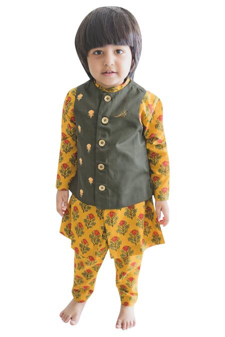 Tiber Taber Yellow 100% Cotton Kurta Bundi Set