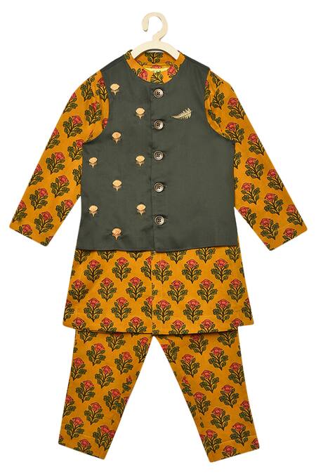 Tiber Taber_Yellow 100% Cotton Kurta Bundi Set _Online_at_Aza_Fashions