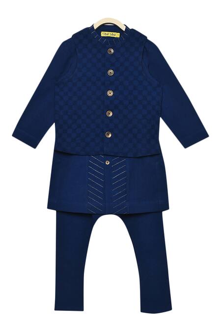Tiber Taber_Blue Jacquard Cotton Kurta Bundi Set _Online_at_Aza_Fashions