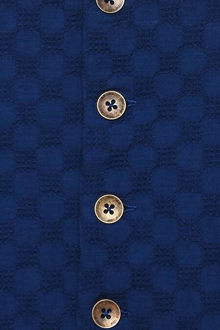 Tiber Taber_Blue Jacquard Cotton Kurta Bundi Set _at_Aza_Fashions