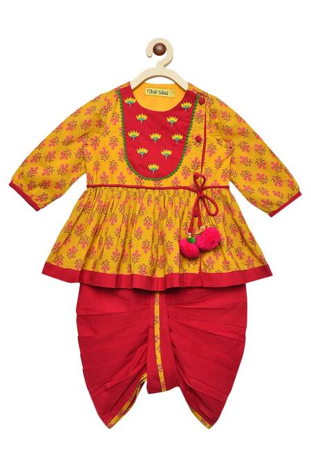 Tiber Taber_Yellow 100% Cotton Angarkha Kurta Set _Online_at_Aza_Fashions