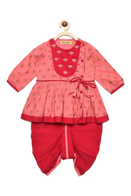 Tiber Taber_Pink 100% Cotton Angarkha Kurta Set _Online_at_Aza_Fashions