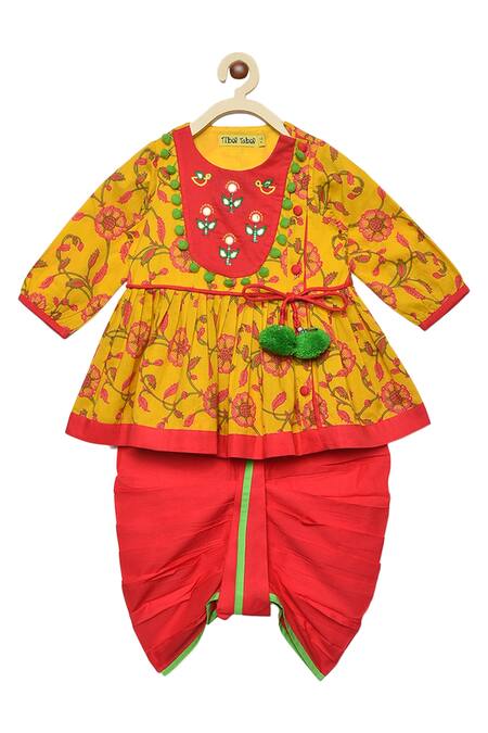 Tiber Taber_Yellow 100% Cotton Angarkha Kurta Set _Online_at_Aza_Fashions