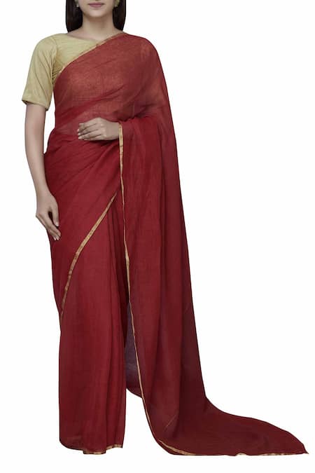 Buy_Anavila_Red Linen Saree_Online_at_Aza_Fashions