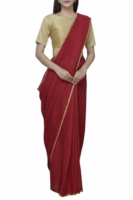 Anavila_Red Linen Saree_Online_at_Aza_Fashions