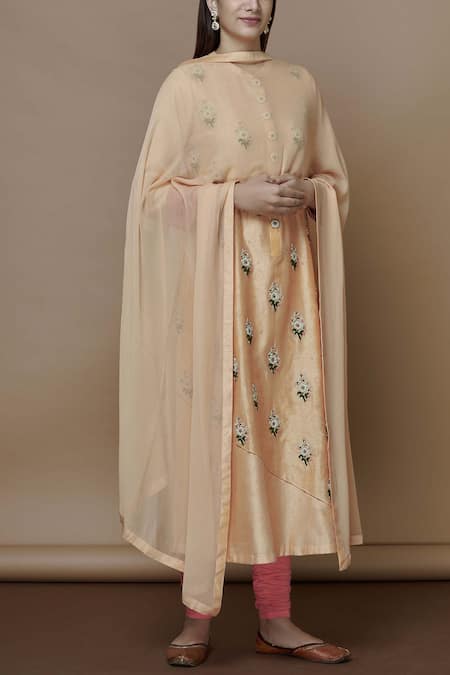 Manasi Sengupta Pink Chiffon, Silk Chanderi Band Kurta Set Online at Aza Fashions Manasi Sengupta_Pink Chiffon, Silk Chanderi Band Kurta Set _Online_at_Aza_Fashions