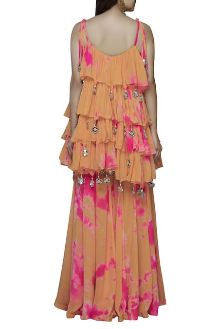 Shop Akanksha Gajria Orange Georgette Tie-dye Kurta Sharara Set at Aza Fashions Shop_Akanksha Gajria_Orange Georgette Tie-dye Kurta Sharara Set_at_Aza_Fashions