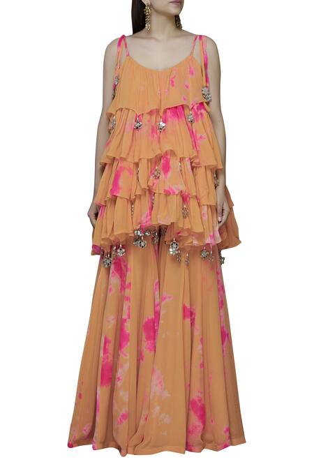 Buy Akanksha Gajria Orange Georgette Tie-dye Kurta Sharara Set Online at Aza Fashions Buy_Akanksha Gajria_Orange Georgette Tie-dye Kurta Sharara Set_Online_at_Aza_Fashions