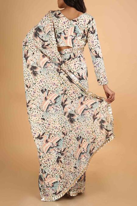 Shop_Saksham & Neharicka_Pink Chanderi Floral V Printed Saree With Unstitched Blouse Fabric_at_Aza_Fashions