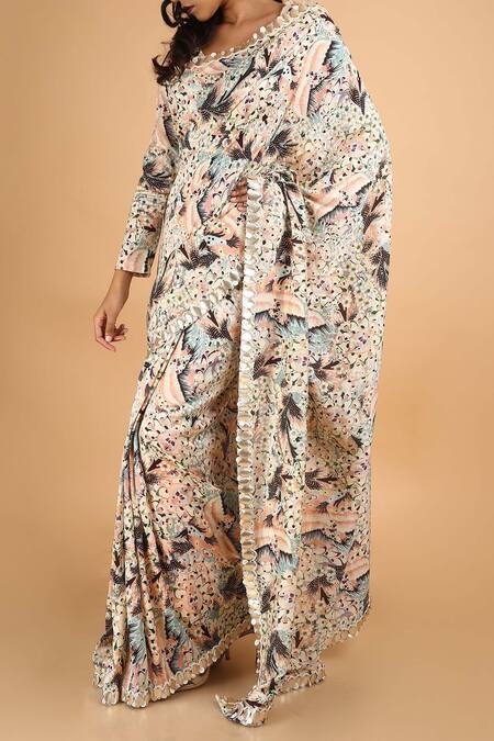 Saksham & Neharicka_Pink Chanderi Floral V Printed Saree With Unstitched Blouse Fabric_Online_at_Aza_Fashions