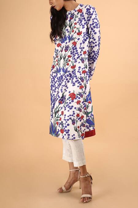 Saksham & Neharicka_Blue Chanderi Round Kurta _Online_at_Aza_Fashions