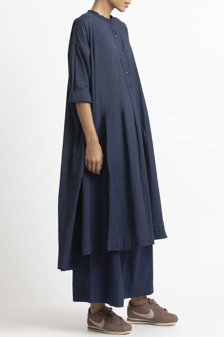 Three_Blue Cotton Band Collar Kurta Set _Online_at_Aza_Fashions