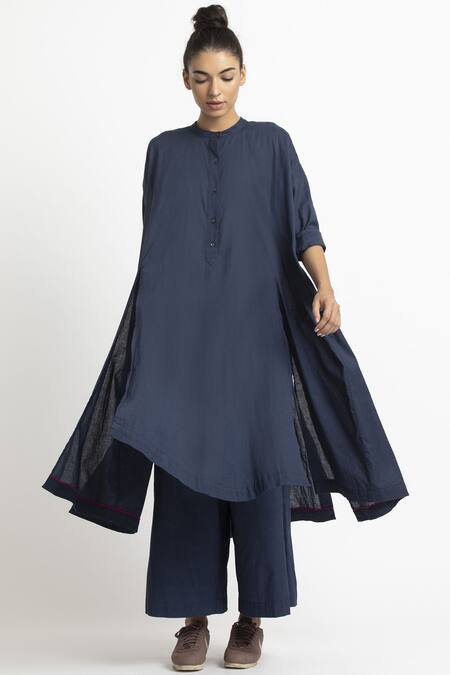 Buy_Three_Blue Cotton Band Collar Kurta Set _Online_at_Aza_Fashions